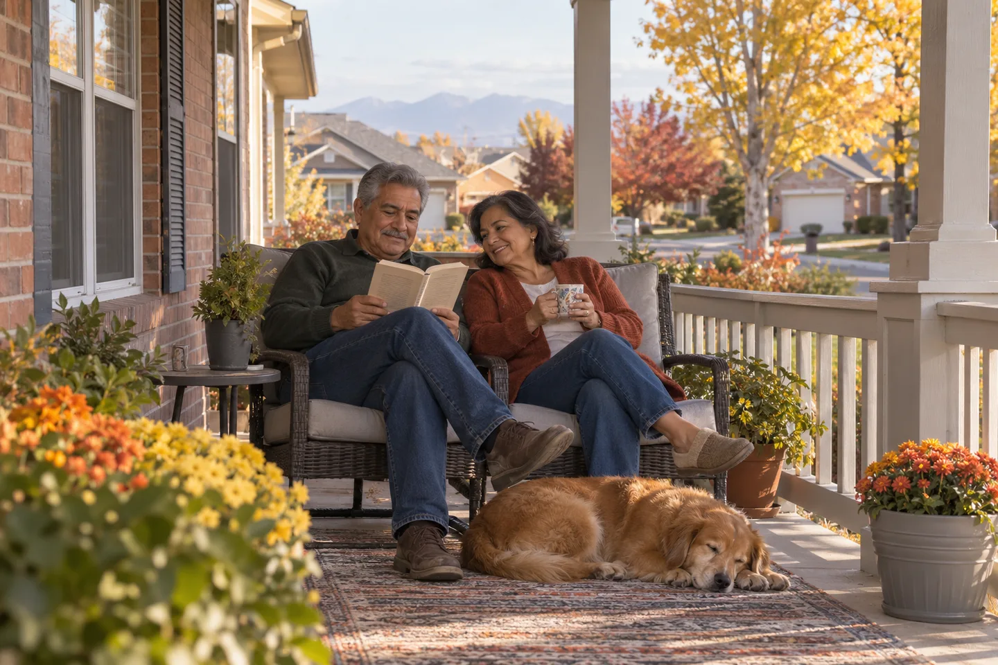 AI-generated illustration: An older couple in their sixties enjoy a relaxed afternoon on a generous covered porch.