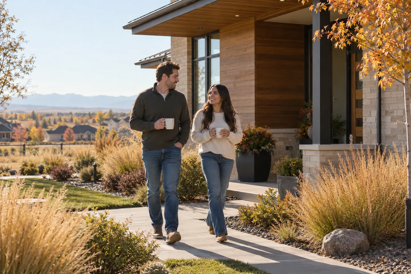 AI-generated illustration: A younger couple enjoy coffee beside a contemporary home inspired by Timnath.