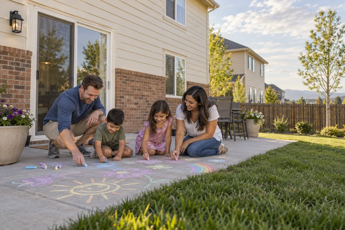 AI-generated illustration: Adults and children draw together on a patio at a Timnath neighborhood home.