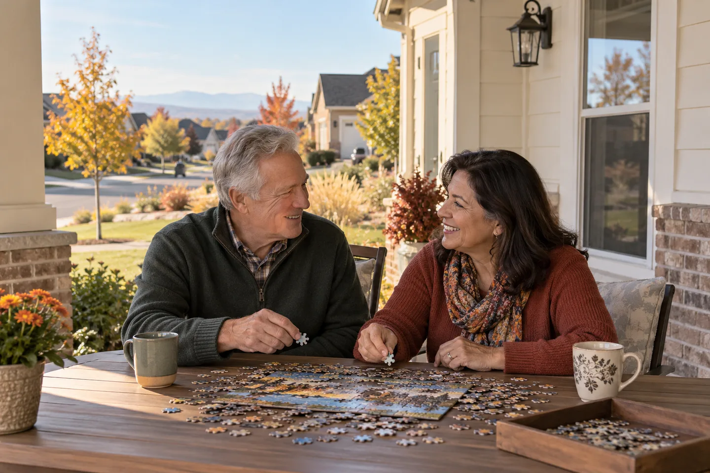 AI-generated illustration: An older couple work on a puzzle on a porch inspired by a Timnath neighborhood.