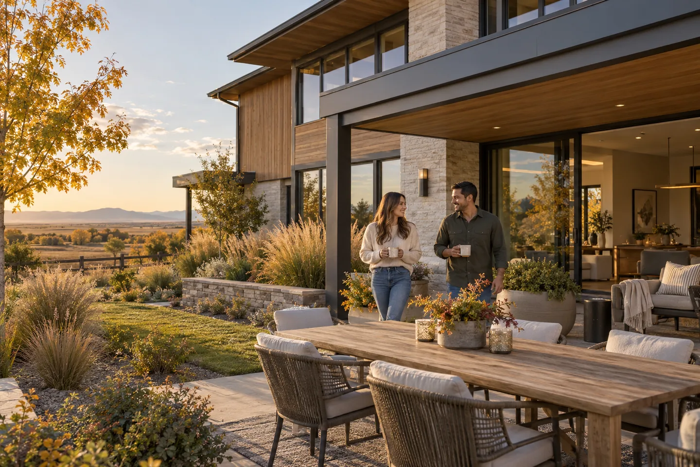 AI-generated illustration: Two adults carry mugs beside a contemporary home's garden terrace in autumn.