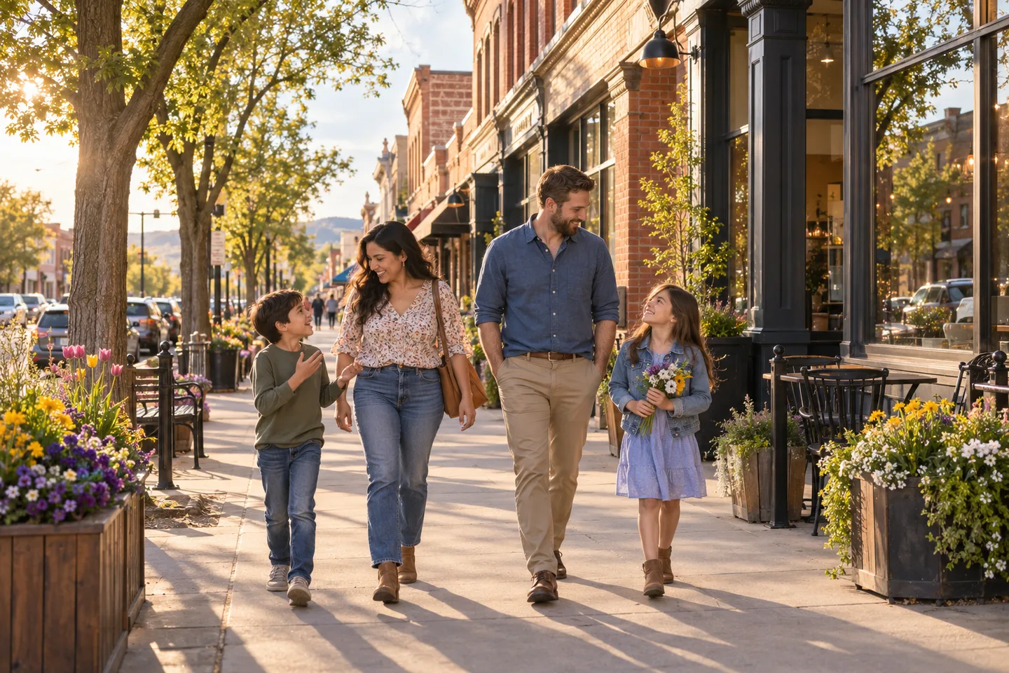 AI-generated illustration: Adults and children walk together past brick storefronts and flowering sidewalk planters.