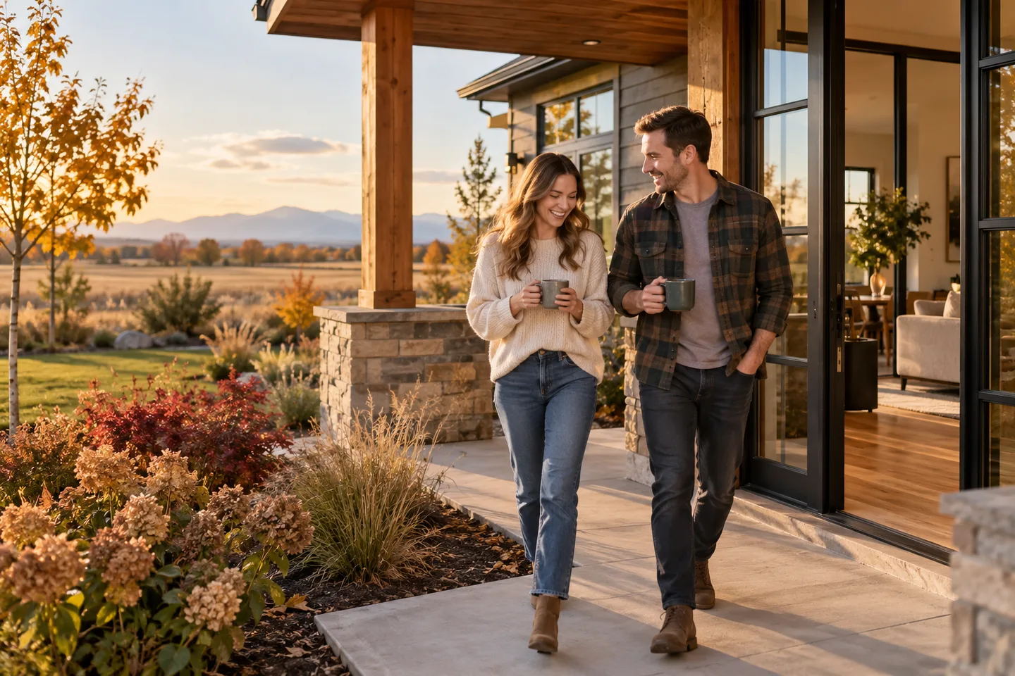 AI-generated illustration: A couple carrying mugs beside a modern home's covered porch in fall.