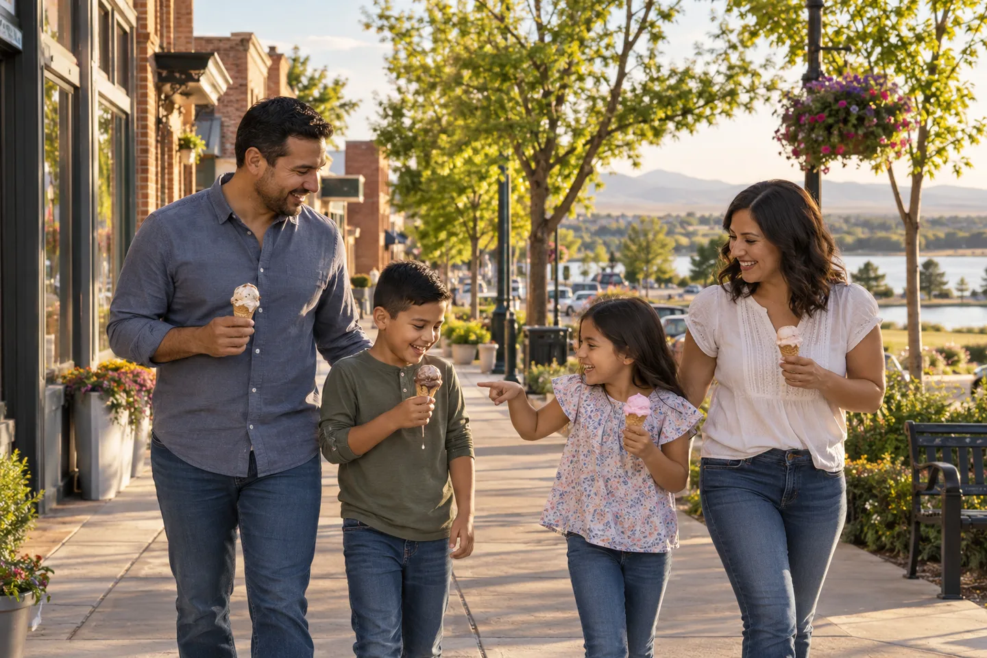 AI-generated illustration: A family sharing ice cream along a leafy brick-lined town sidewalk in spring.