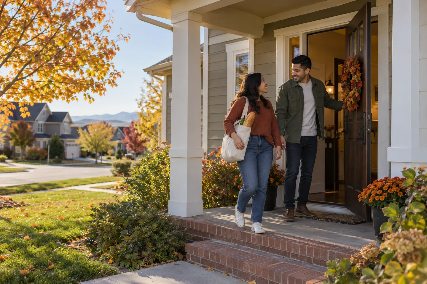 AI-generated illustration: A younger couple in their late twenties arrive at their attractive front porch after a neighborhood walk.