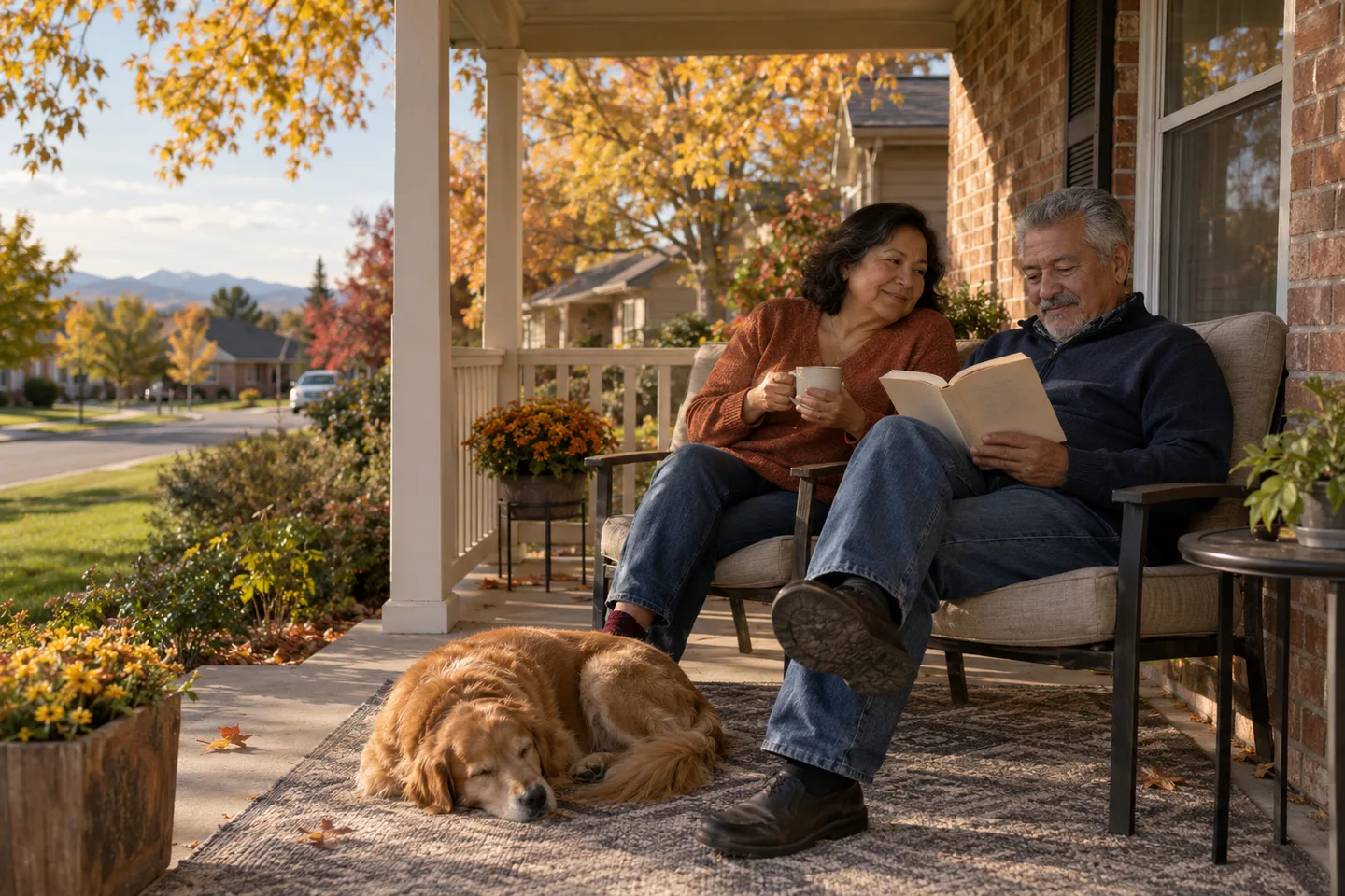 AI-generated illustration: An older couple in their sixties enjoy a relaxed afternoon on a generous covered porch.
